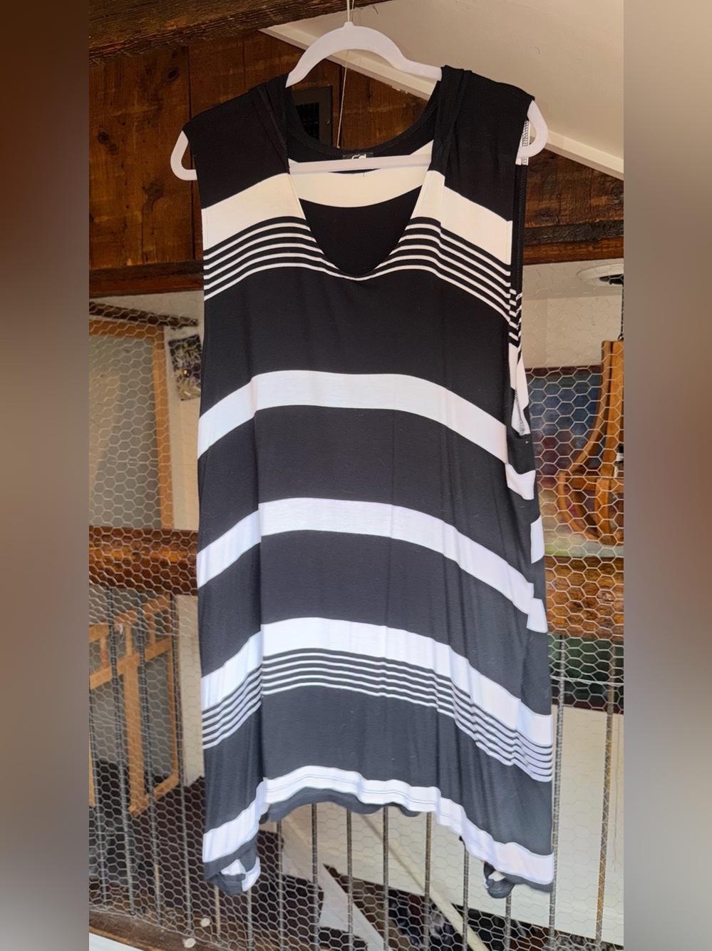 Cable & Gauge Black and White Striped Sleeveless Dress with Hood